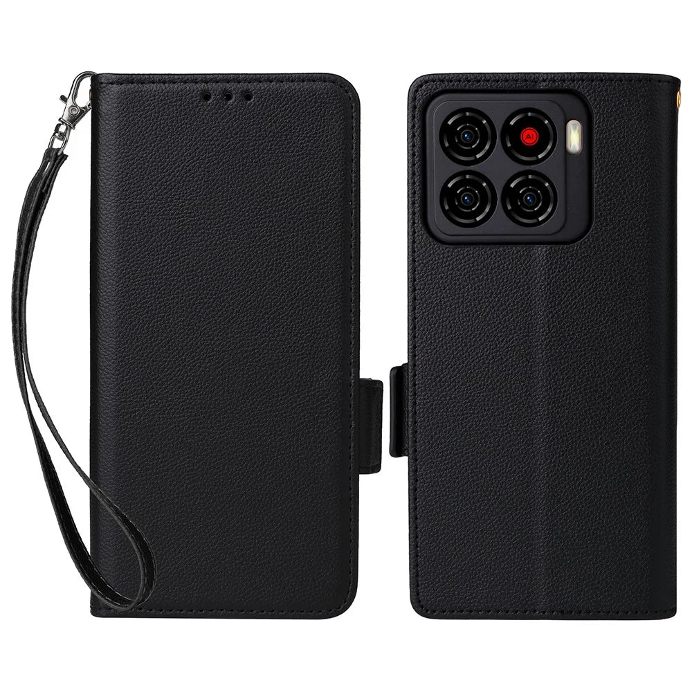 For ZTE Blade A56 Case with Wrist Strap Litchi Texture PU Leather Wallet Phone Cover - Black - 1