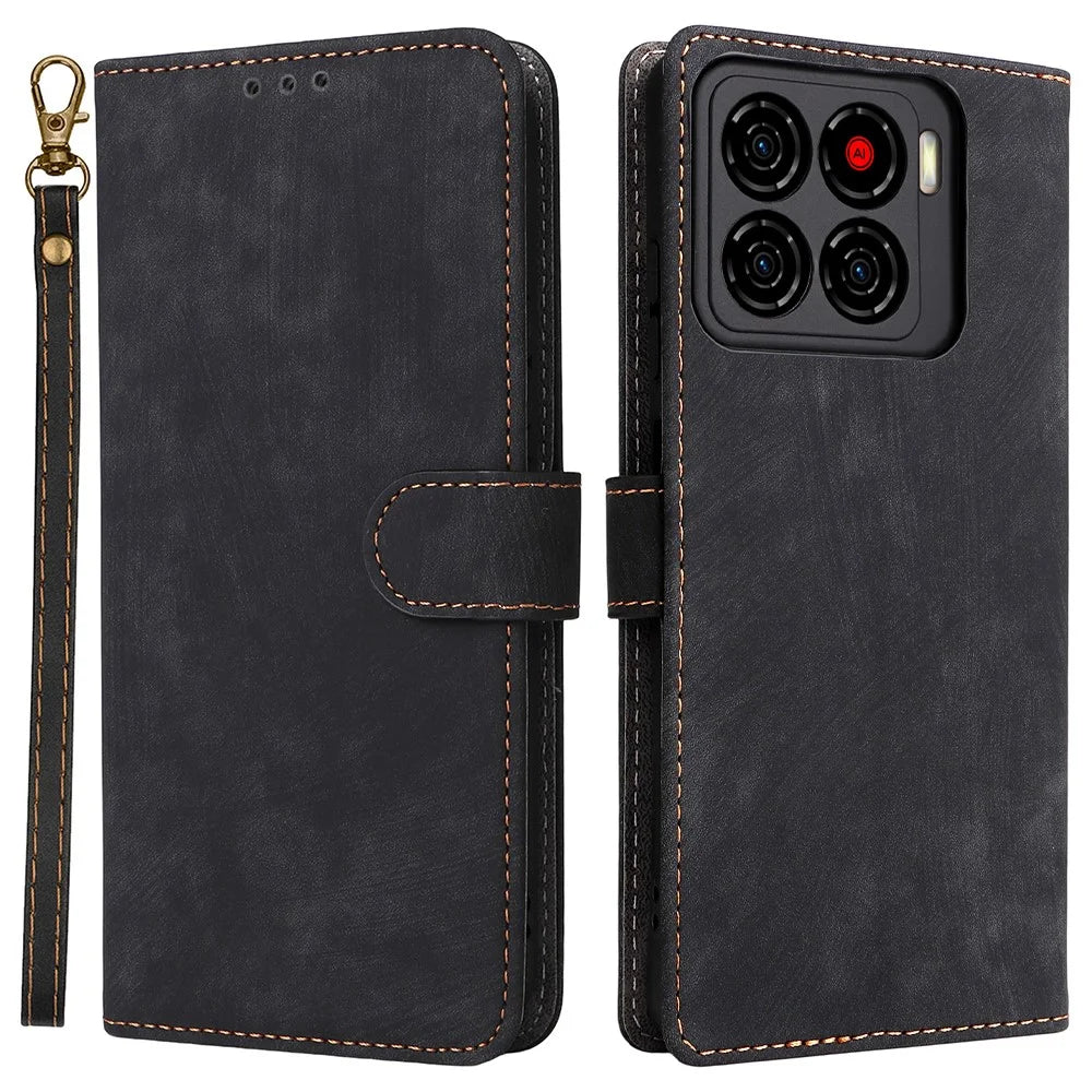 For ZTE Blade A56 Case Wallet RFID Blocking PU Leather Phone Cover Stand with Strap - Black - 1