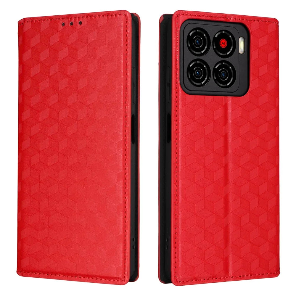 For ZTE Blade A56 Case Wallet Rhombus Imprinted Leather Phone Cover - Red - 1