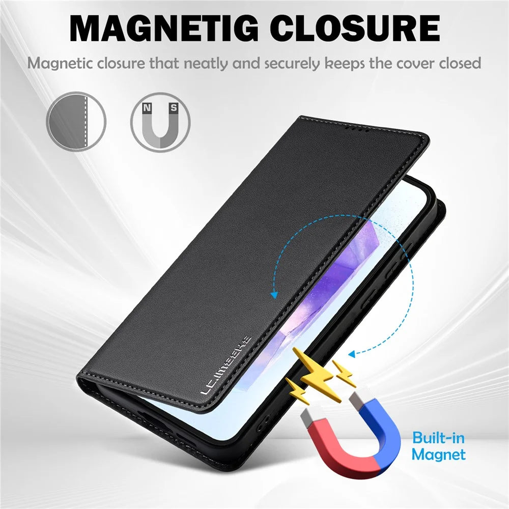 LC.IMEEKE L1 Series for Samsung Galaxy A17 5G / A17 4G Case PU Leather Wallet Stand Protective Phone Cover - Black - 6