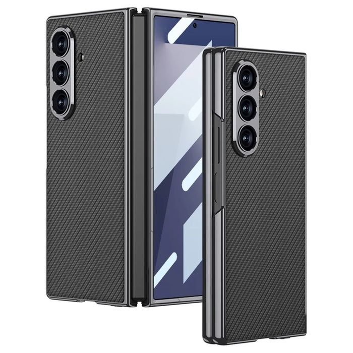 GKK For Samsung Galaxy Z Fold7 5G Case Electroplating PC + PU Leather Phone Cover with Screen Film - Carbon Fiber Texture - 1