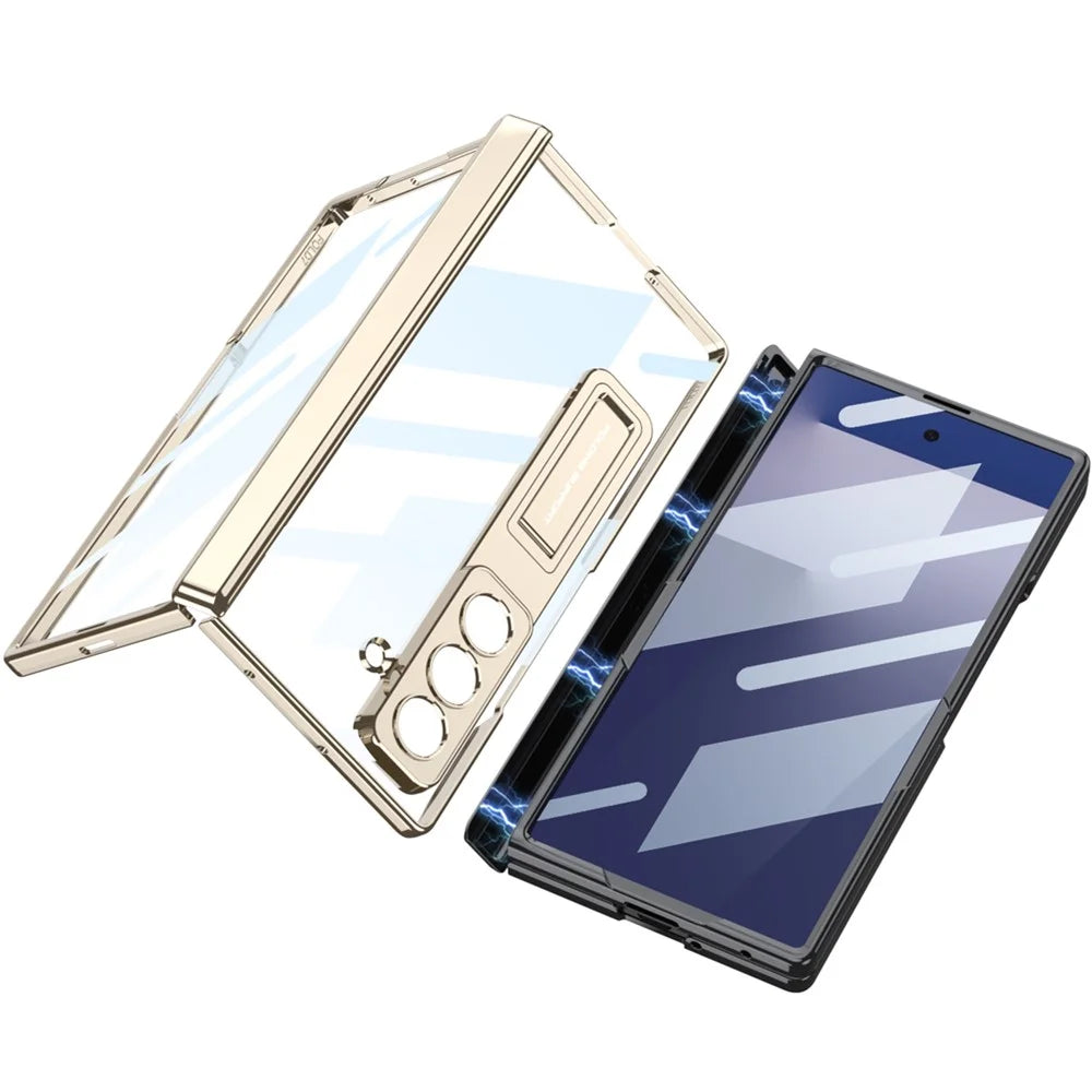 GKK For Samsung Galaxy Z Fold7 5G Case Hinge Protection PC + Tempered Glass Phone Cover with Kickstand - Black - 7