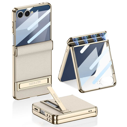 GKK For Samsung Galaxy Z Flip7 5G Kickstand Case Magnetic Hinge Protection PU + PC + Tempered Glass Phone Cover - Titanium Grey - 1