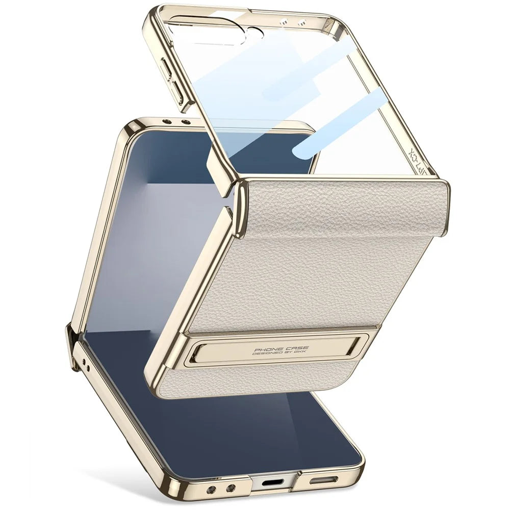 GKK For Samsung Galaxy Z Flip7 5G Kickstand Case Magnetic Hinge Protection PU + PC + Tempered Glass Phone Cover - Titanium Grey - 2