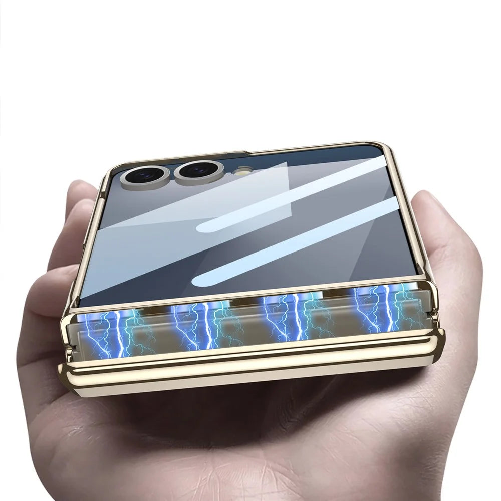 GKK For Samsung Galaxy Z Flip7 5G Kickstand Case Magnetic Hinge Protection PU + PC + Tempered Glass Phone Cover - Titanium Grey - 3