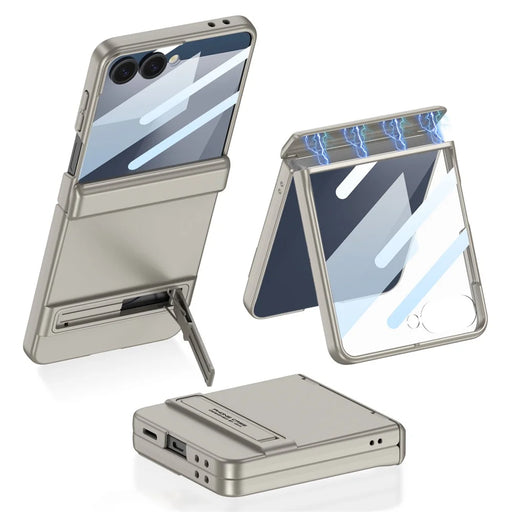 GKK For Samsung Galaxy Z Flip7 5G Kickstand Case Magnetic Hinge Protection PC + Tempered Glass Phone Cover - Titanium Grey - 1