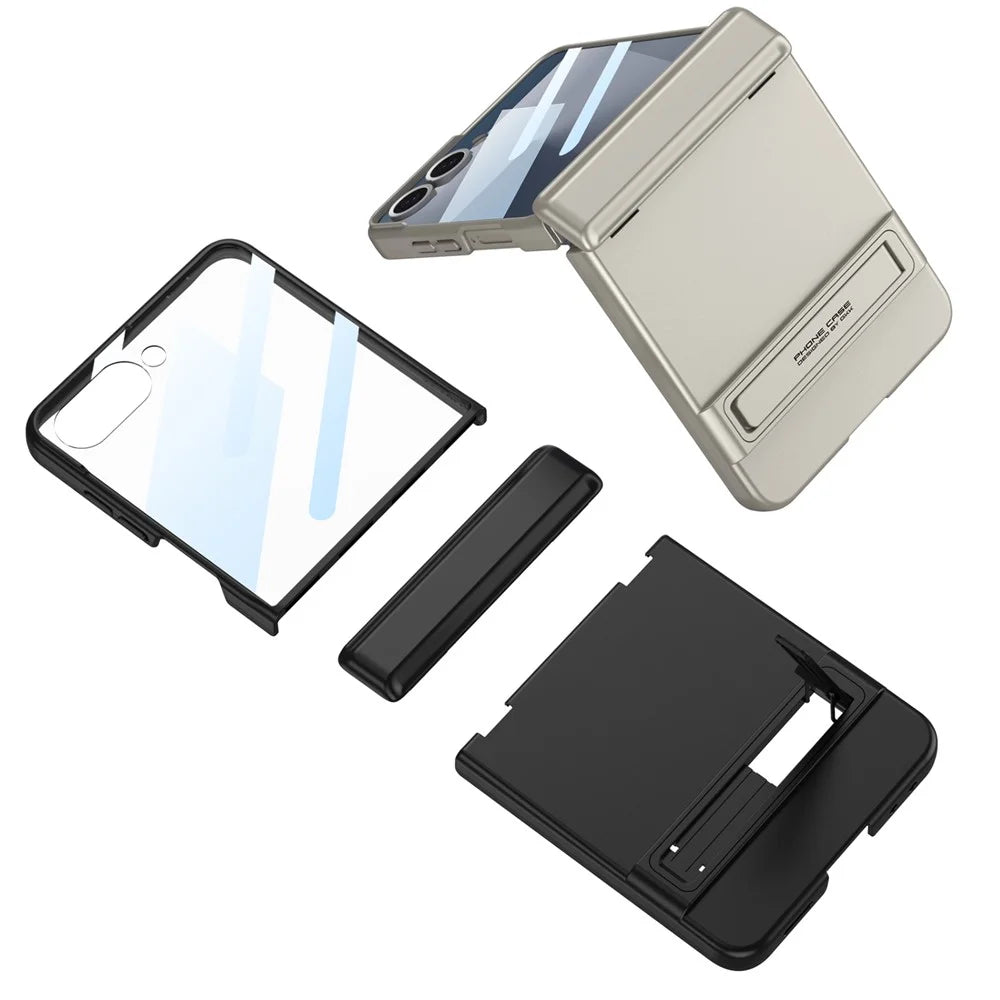 GKK For Samsung Galaxy Z Flip7 5G Kickstand Case Magnetic Hinge Protection PC + Tempered Glass Phone Cover - Titanium Grey - 6