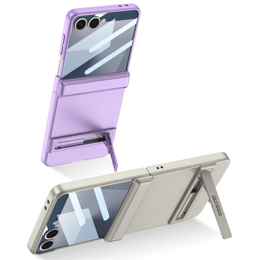 GKK For Samsung Galaxy Z Flip7 5G Kickstand Case Magnetic Hinge Protection PC + Tempered Glass Phone Cover - Titanium Grey - 7