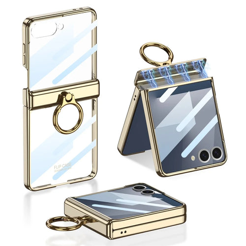 GKK For Samsung Galaxy Z Flip7 5G Kickstand Case Magnetic Hinge Protection PC + Tempered Glass Phone Cover - Champagne Gold - 1