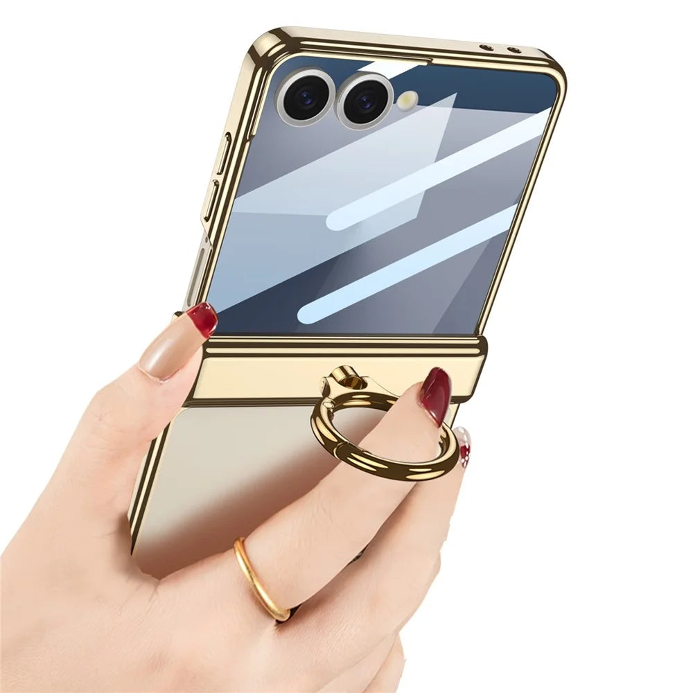 GKK For Samsung Galaxy Z Flip7 5G Kickstand Case Magnetic Hinge Protection PC + Tempered Glass Phone Cover - Champagne Gold - 2