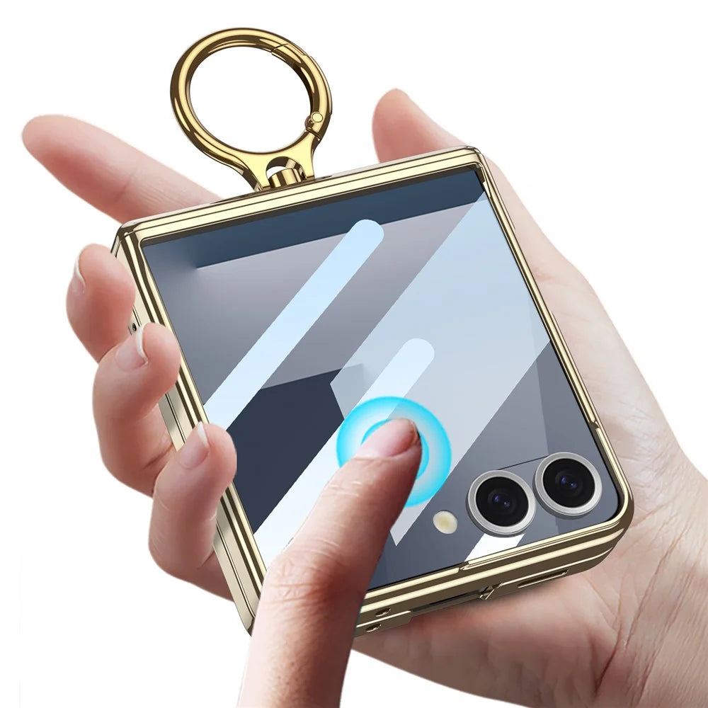 GKK For Samsung Galaxy Z Flip7 5G Kickstand Case Magnetic Hinge Protection PC + Tempered Glass Phone Cover - Champagne Gold - 3