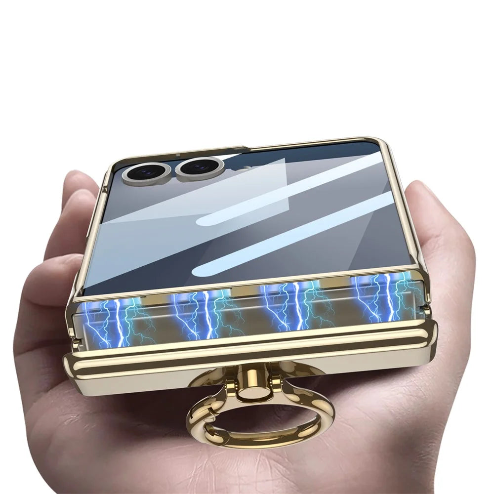 GKK For Samsung Galaxy Z Flip7 5G Kickstand Case Magnetic Hinge Protection PC + Tempered Glass Phone Cover - Champagne Gold - 4