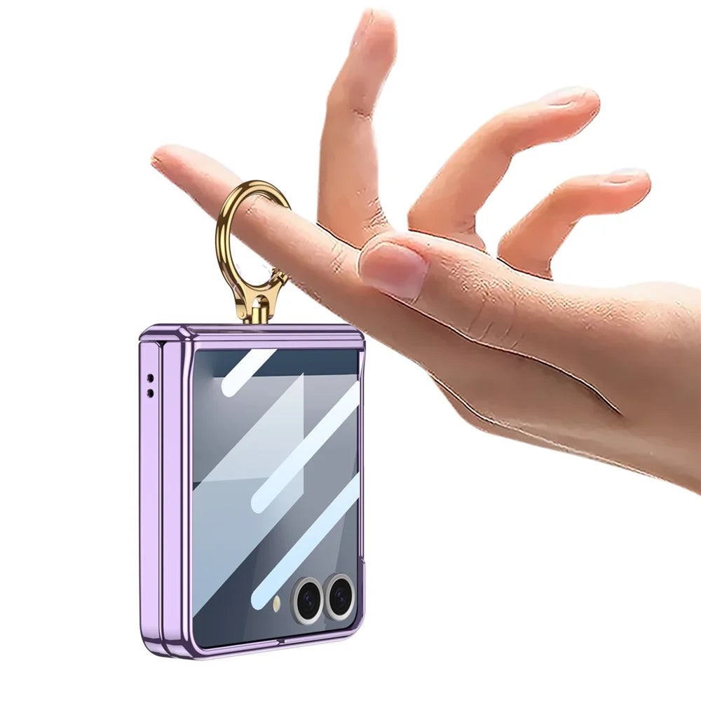 GKK For Samsung Galaxy Z Flip7 5G Kickstand Case Magnetic Hinge Protection PC + Tempered Glass Phone Cover - Champagne Gold - 5