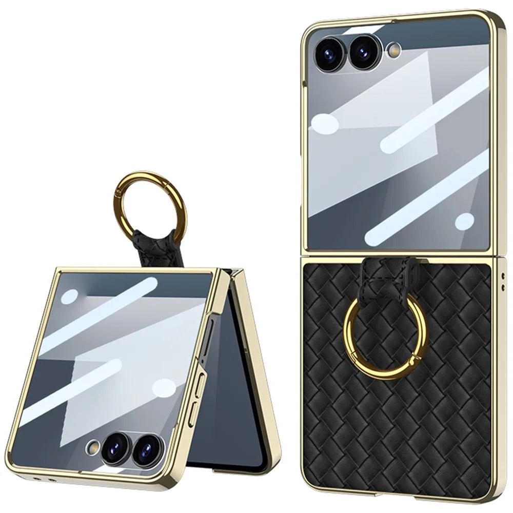 GKK For Samsung Galaxy Z Flip7 5G Phone Case Ring Kickstand Woven Pattern PU Leather Back Cover with Small Screen Film - Black - 1