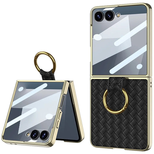 GKK For Samsung Galaxy Z Flip7 5G Phone Case Ring Kickstand Woven Pattern PU Leather Back Cover with Small Screen Film - Black - 1