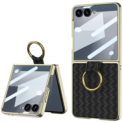 GKK For Samsung Galaxy Z Flip7 5G Phone Case Ring Kickstand Woven Pattern PU Leather Back Cover with Small Screen Film - Black - 1