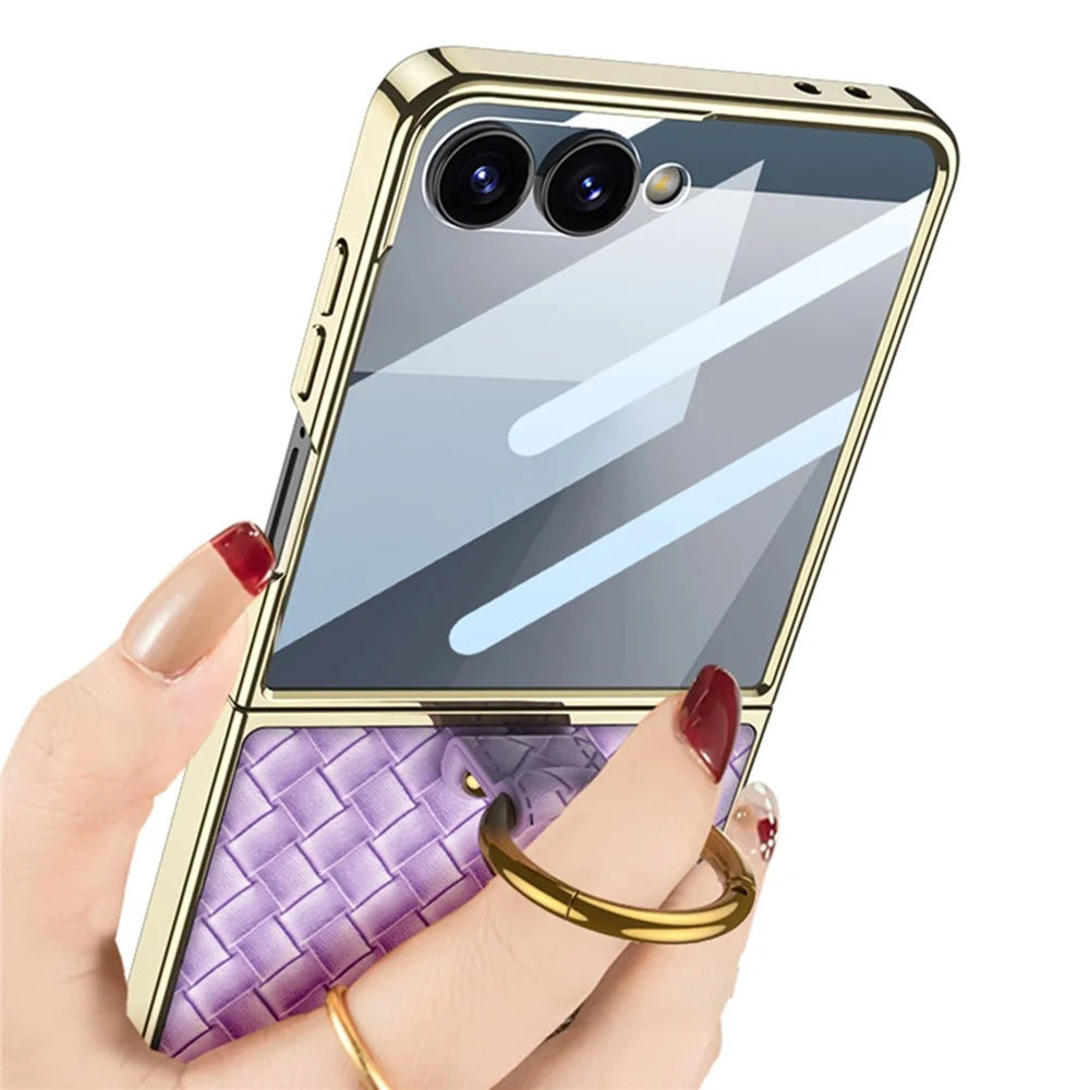 GKK For Samsung Galaxy Z Flip7 5G Phone Case Ring Kickstand Woven Pattern PU Leather Back Cover with Small Screen Film - Black - 4