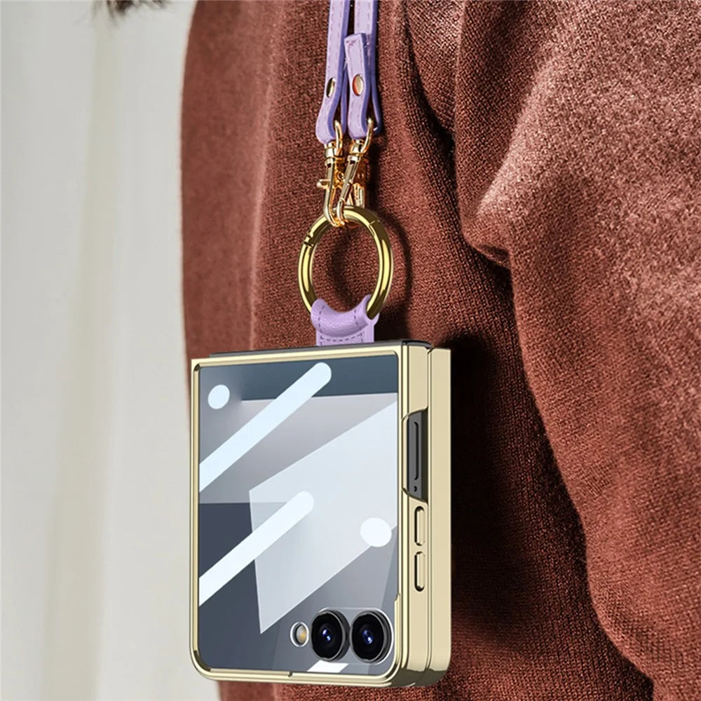 GKK For Samsung Galaxy Z Flip7 5G Phone Case Ring Kickstand Woven Pattern PU Leather Back Cover with Small Screen Film - Black - 6
