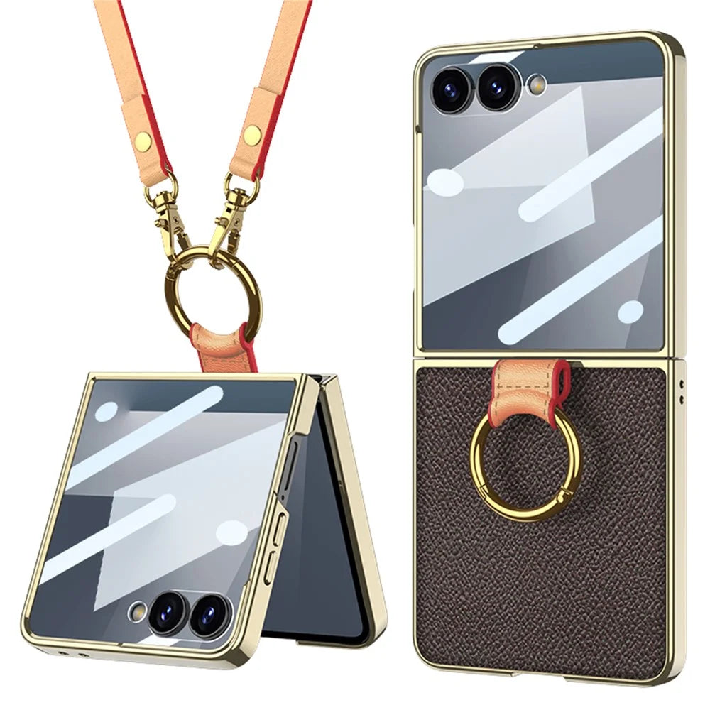 GKK For Samsung Galaxy Z Flip7 5G Case Ring Kickstand PU Leather + PC Phone Cover with Small Screen Film / Shoulder Strap - Coffee - 1