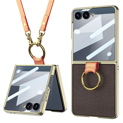 GKK For Samsung Galaxy Z Flip7 5G Case Ring Kickstand PU Leather + PC Phone Cover with Small Screen Film / Shoulder Strap - Coffee - 1