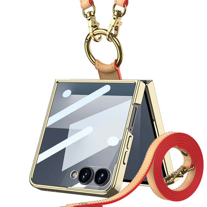 GKK For Samsung Galaxy Z Flip7 5G Case Ring Kickstand PU Leather + PC Phone Cover with Small Screen Film / Shoulder Strap - Coffee - 3