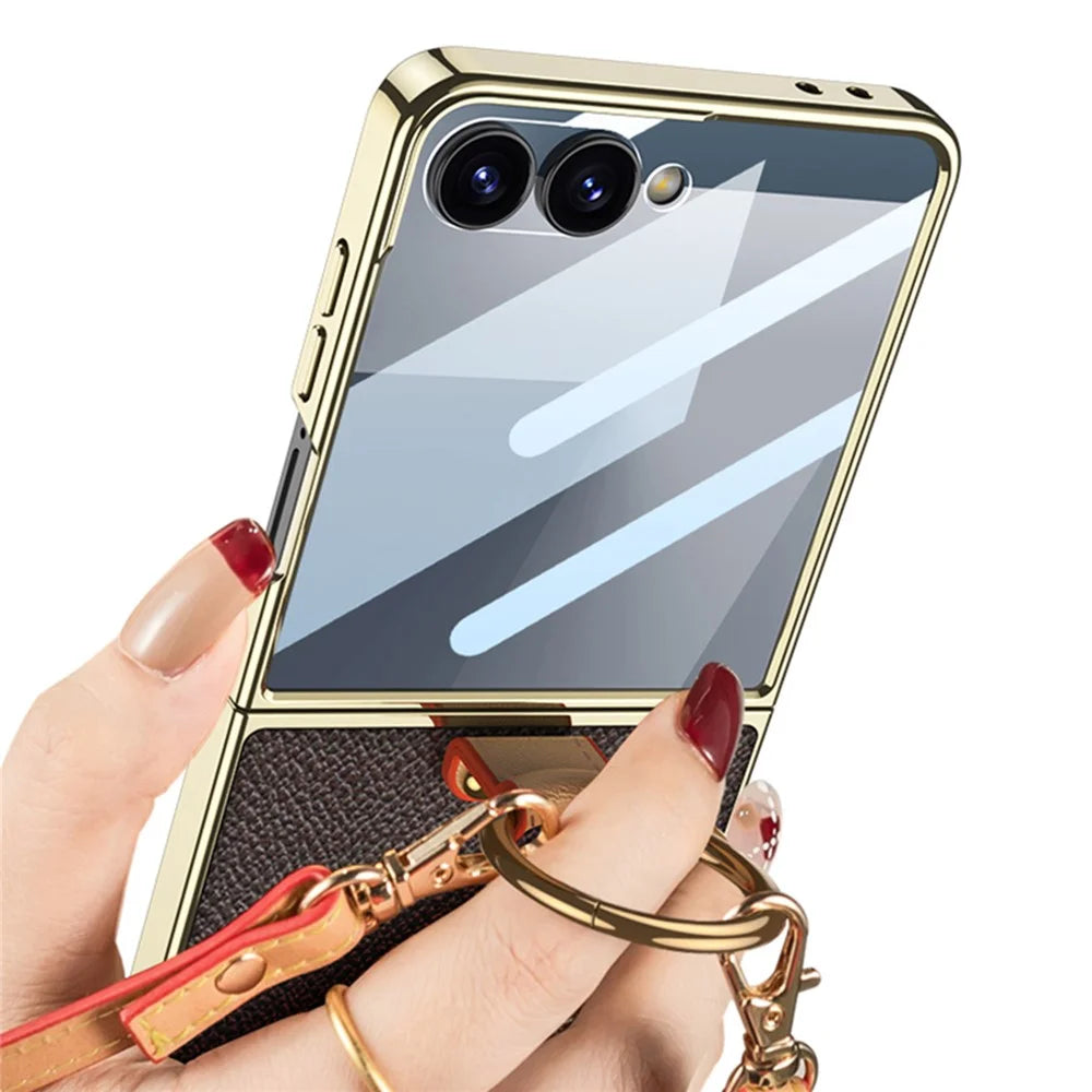 GKK For Samsung Galaxy Z Flip7 5G Case Ring Kickstand PU Leather + PC Phone Cover with Small Screen Film / Shoulder Strap - Coffee - 5