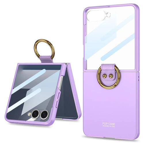 GKK For Samsung Galaxy Z Flip7 5G Case with Ring Holder Metal Plate PC + Tempered Glass Phone Cover - Purple - 1