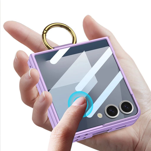 GKK For Samsung Galaxy Z Flip7 5G Case with Ring Holder Metal Plate PC + Tempered Glass Phone Cover - Purple - 2
