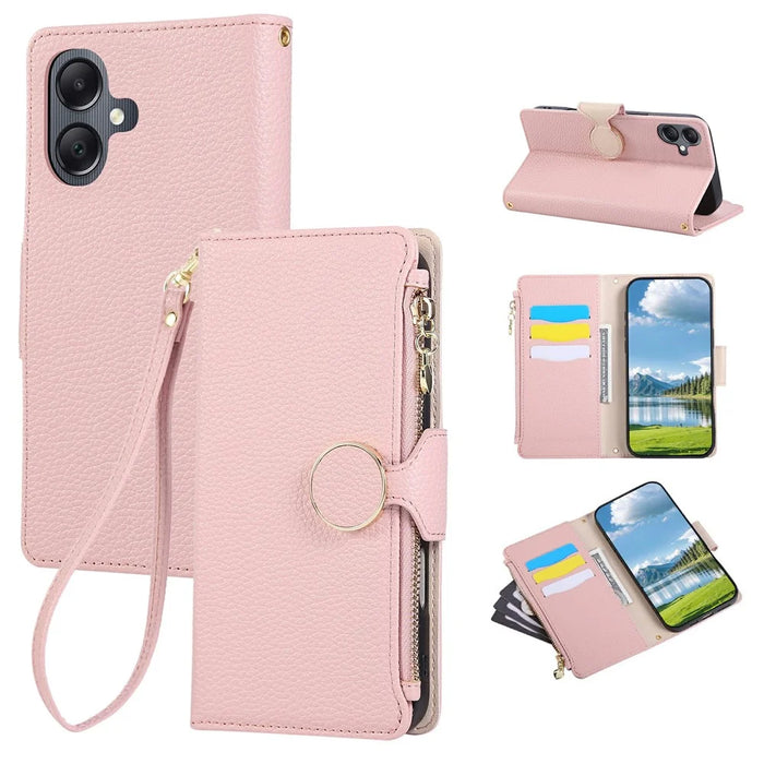 For Samsung Galaxy A05 4G Case Zipper Wallet Leather Phone Cover with Wrist Strap - Pink - 1