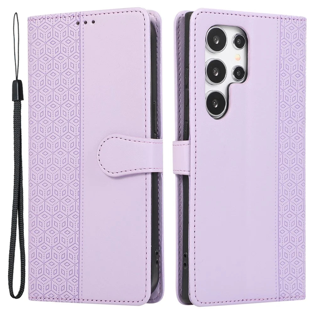 For Samsung Galaxy S25 Ultra Case Splicing Imprinted Rhombus Leather Phone Cover with Wrist Strap - Purple - 1
