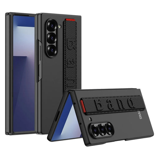 GKK For Samsung Galaxy Z Fold7 5G Case Wristband Large Lens Hole PC Phone Cover with Front Screen Film - Carbon Fiber Texture - 1