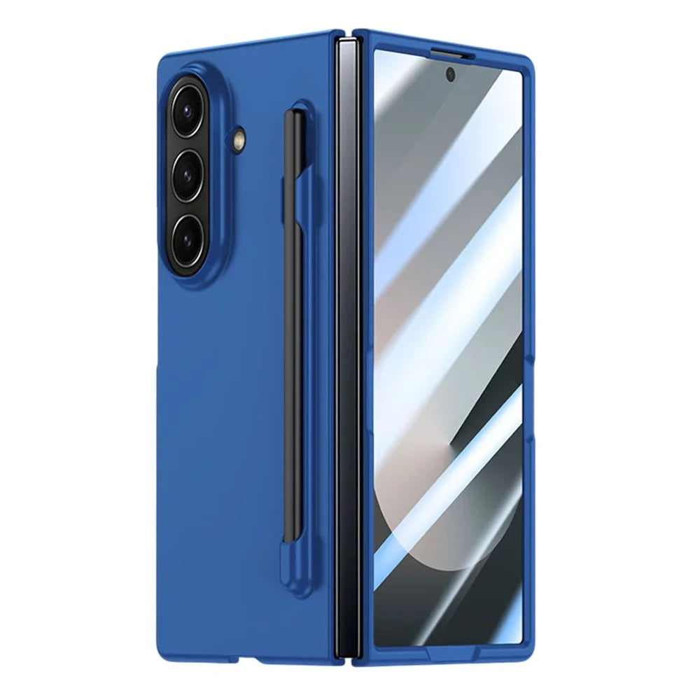 For Samsung Galaxy Z Fold7 5G Case Skin Feel Phone Cover with Tempered Glass Film  /  Pen Slot - Dark Blue - 1