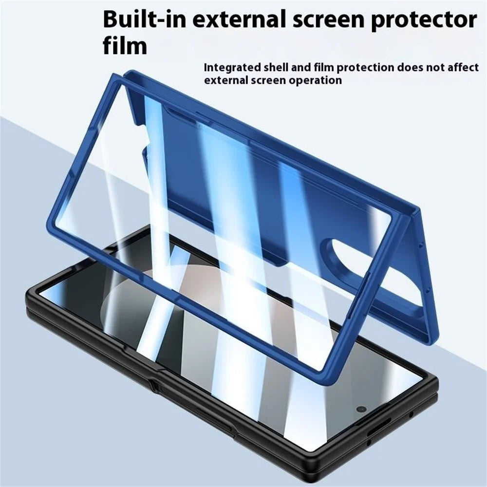 For Samsung Galaxy Z Fold7 5G Case Skin Feel Phone Cover with Tempered Glass Film  /  Pen Slot - Dark Blue - 3
