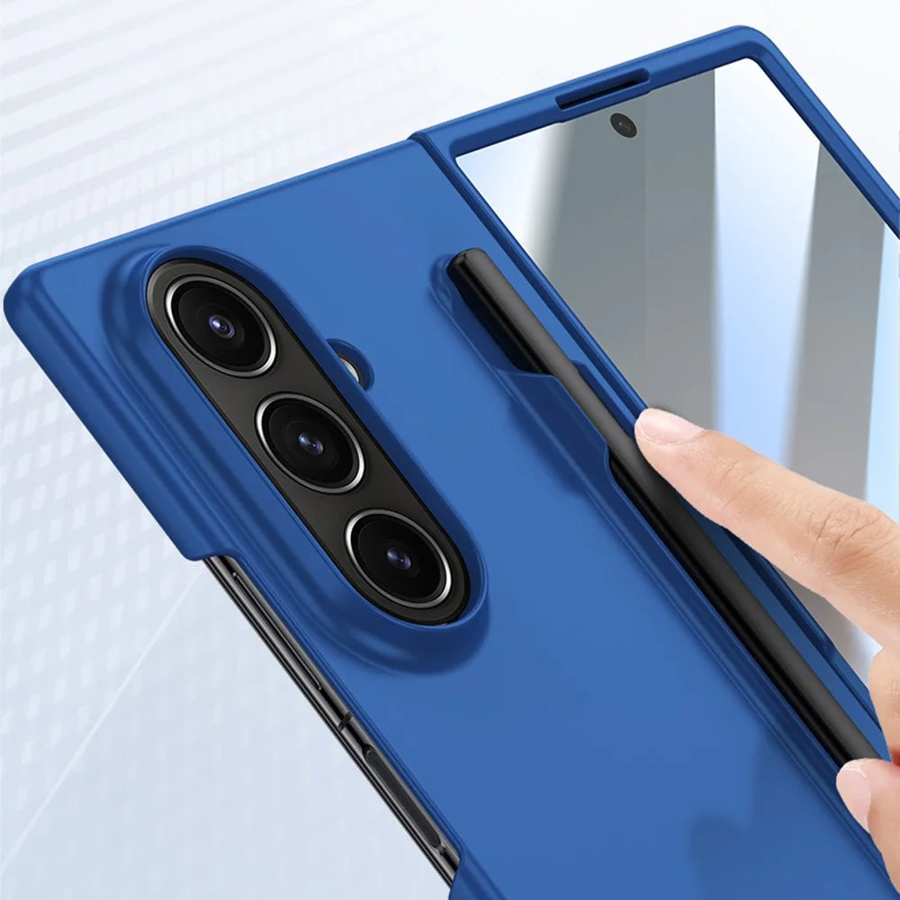 For Samsung Galaxy Z Fold7 5G Case Skin Feel Phone Cover with Tempered Glass Film  /  Pen Slot - Dark Blue - 4