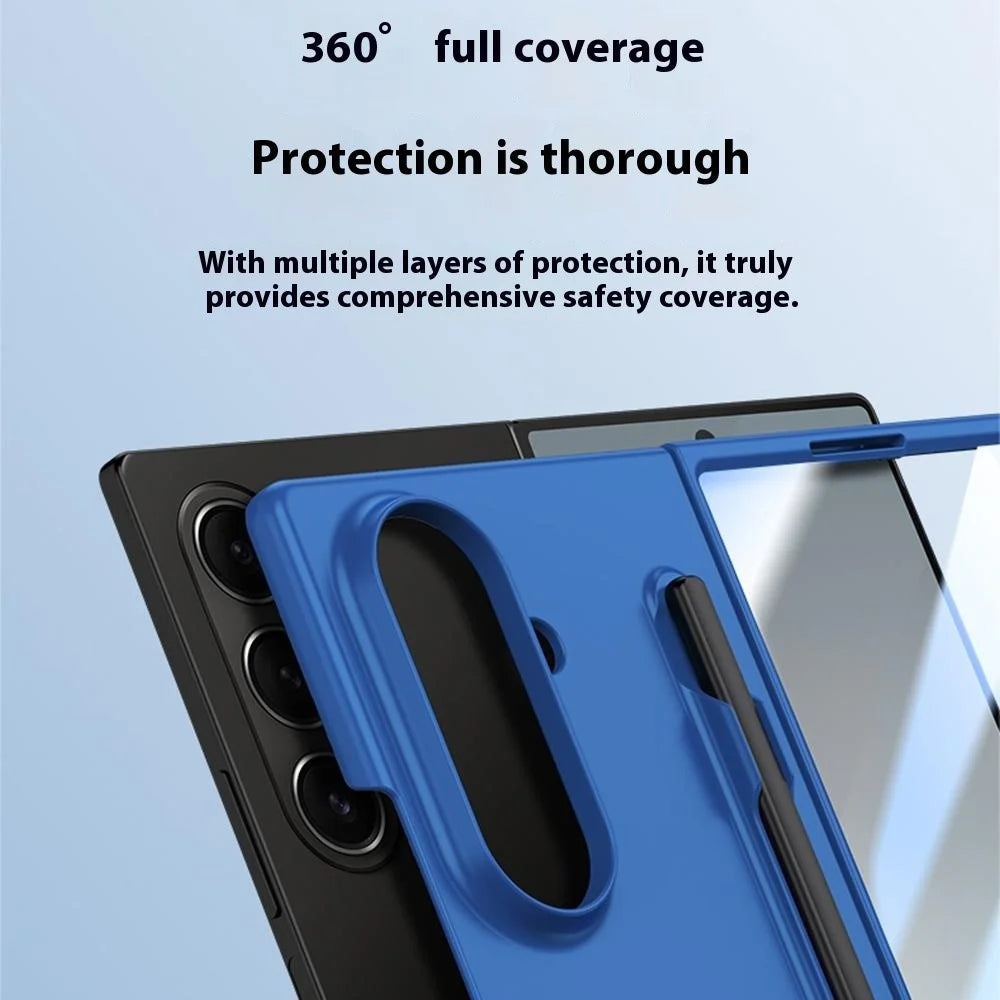 For Samsung Galaxy Z Fold7 5G Case Skin Feel Phone Cover with Tempered Glass Film  /  Pen Slot - Dark Blue - 6