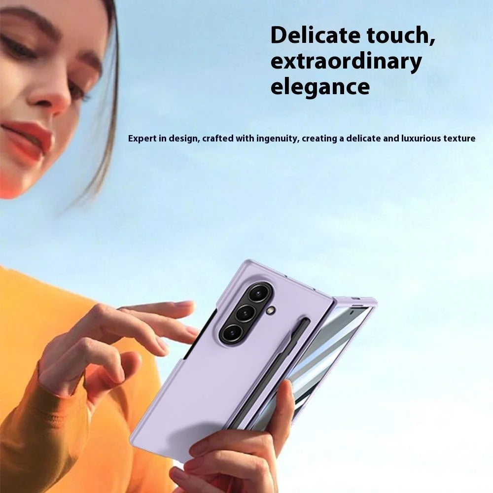 For Samsung Galaxy Z Fold7 5G Case Skin Feel Phone Cover with Tempered Glass Film  /  Pen Slot - Dark Blue - 7