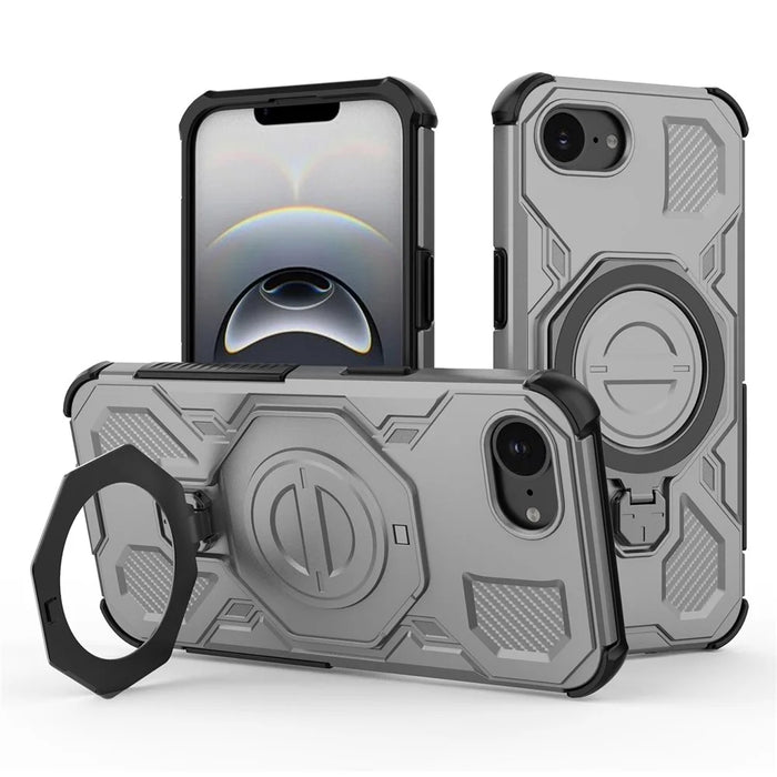 For iPhone 17e / 16e Magnetic Case Rotating Metal Kickstand Shockproof PC + TPU Phone Back Cover - Grey - 1