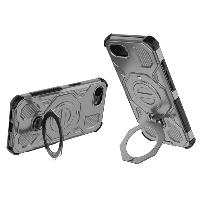 For iPhone 17e / 16e Magnetic Case Rotating Metal Kickstand Shockproof PC + TPU Phone Back Cover - Grey - 2