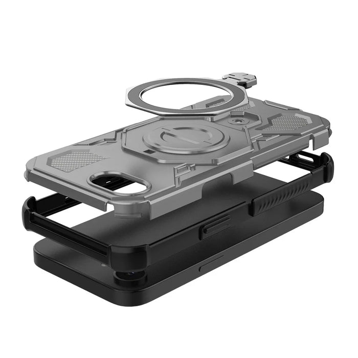 For iPhone 17e / 16e Magnetic Case Rotating Metal Kickstand Shockproof PC + TPU Phone Back Cover - Grey - 3