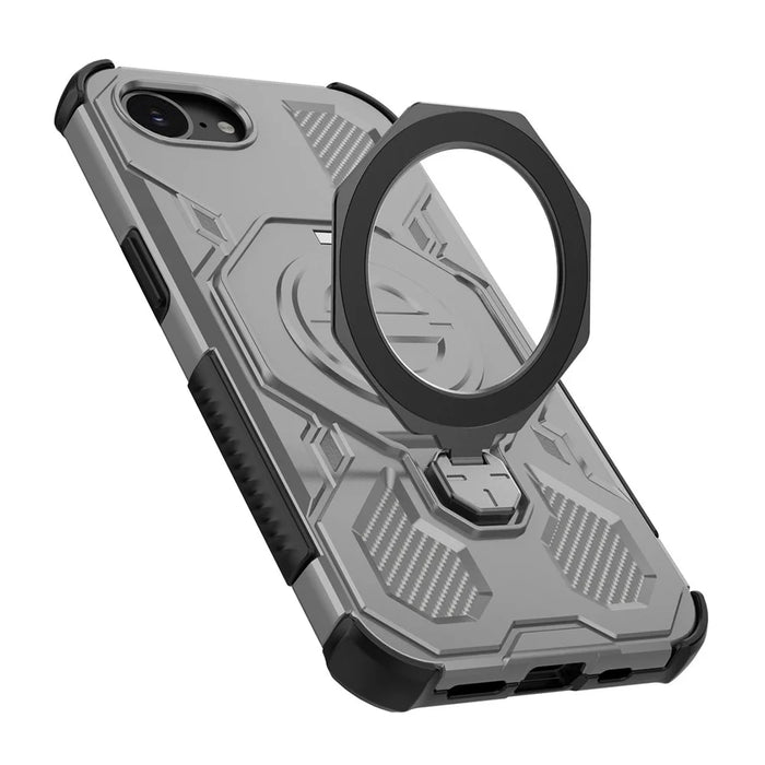 For iPhone 17e / 16e Magnetic Case Rotating Metal Kickstand Shockproof PC + TPU Phone Back Cover - Grey - 4