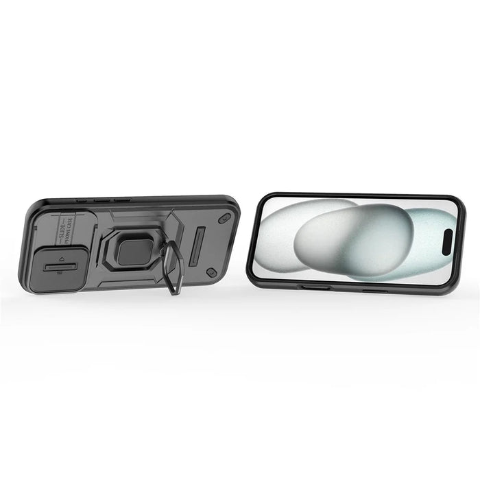 For iPhone 17 Case PC + TPU Kickstand Phone Protector with Lens Cover - Black - 2
