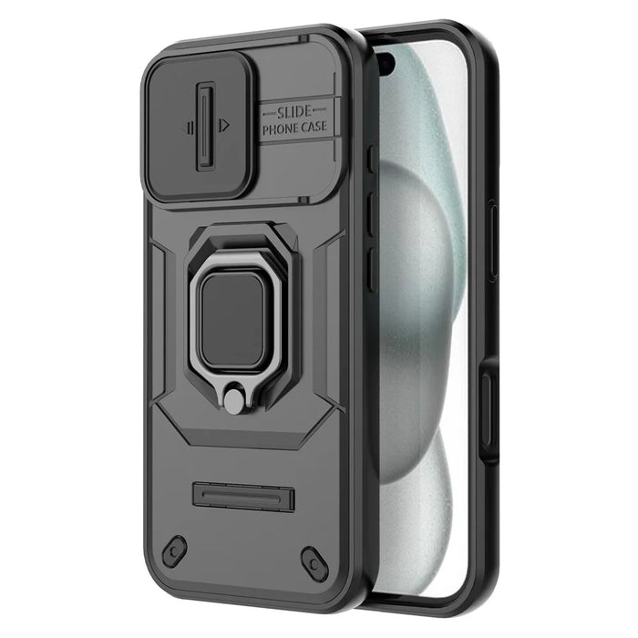 For iPhone 17 Case PC + TPU Kickstand Phone Protector with Lens Cover - Black - 4