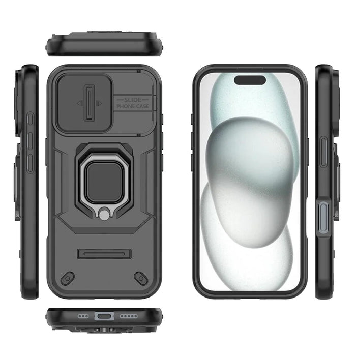 For iPhone 17 Case PC + TPU Kickstand Phone Protector with Lens Cover - Black - 6