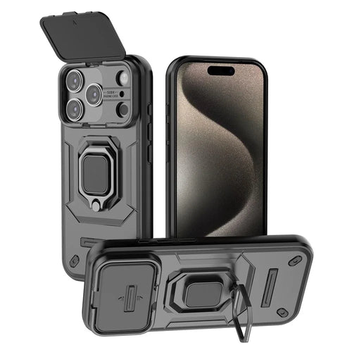 For iPhone 18 Pro / 17 Pro Case PC + TPU Kickstand Phone Protector with Lens Cover - Black - 1