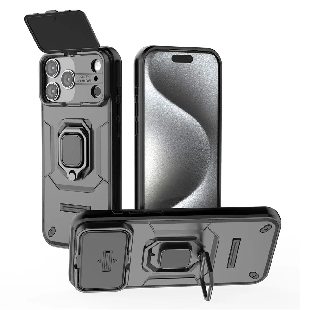 For iPhone 18 Pro Max / 17 Pro Max Case PC + TPU Kickstand Phone Protector with Lens Cover - Black - 1