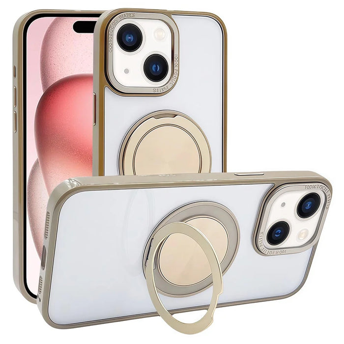 For iPhone 15 Magnetic Case Acrylic TPU Phone Back Cover with Kickstand - Desert Gold - 1