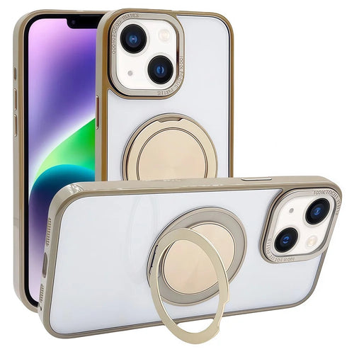 For iPhone 14 / 13 Magnetic Case Acrylic TPU Phone Back Cover with Kickstand - Desert Gold - 1