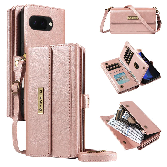 YIKATU For Google Pixel 9a Case  YK-008 Zipper Wallet Leather Phone Cover with Shoulder Strap - Rose Gold - 1