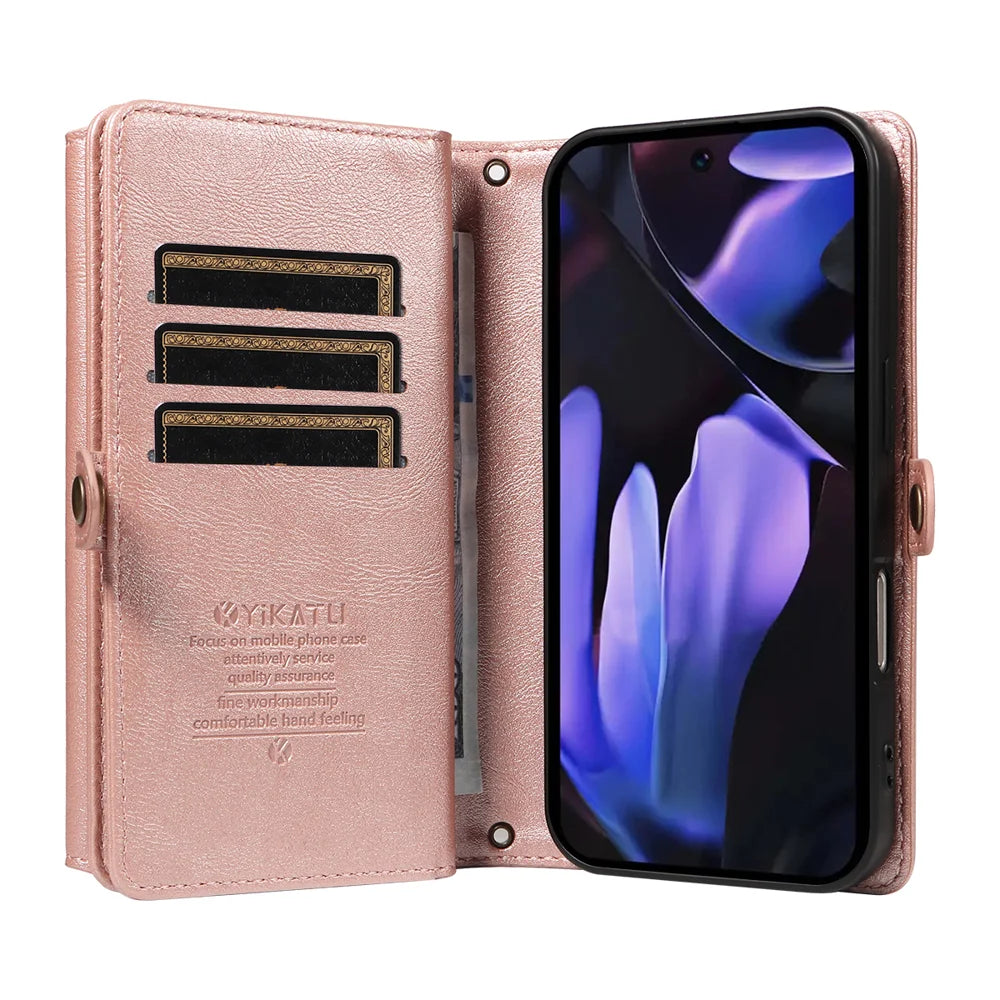 YIKATU For Google Pixel 9a Case  YK-008 Zipper Wallet Leather Phone Cover with Shoulder Strap - Rose Gold - 3