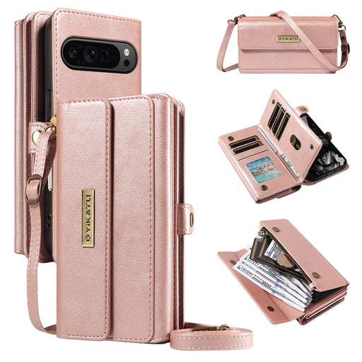 YIKATU For Google Pixel 10 Pro / Google Pixel 9 / Google Pixel 9 Pro / Google Pixel 10 Case  YK-008 Zipper Wallet Leather Phone Cover with Shoulder Strap - Rose Gold - 1